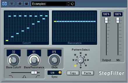 StepFilter StepFilter ist ein patterngesteuertes Filter, mit dem Sie rhythmische, pulsierende Filtereffekte erzeugen können.
