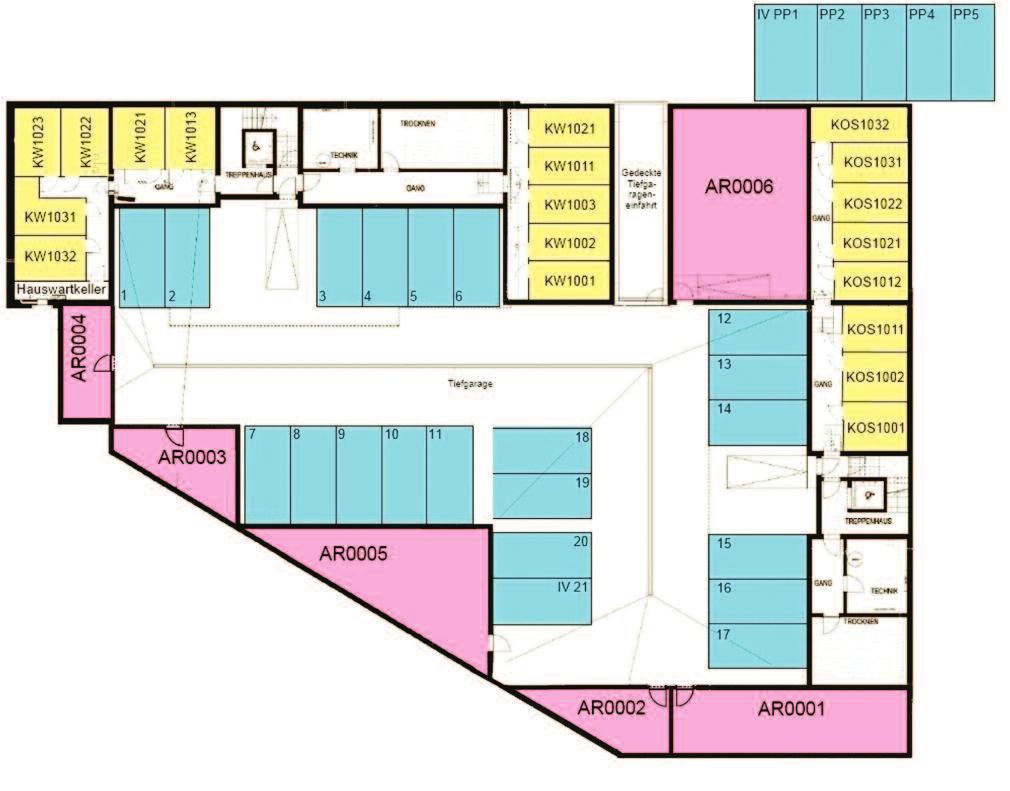 Haus West und Ost Untergeschoss Parkplätze (blau) 21 Tiefgaragenplätze 5 Aussenparkplätze Kellerabteile (gelb)