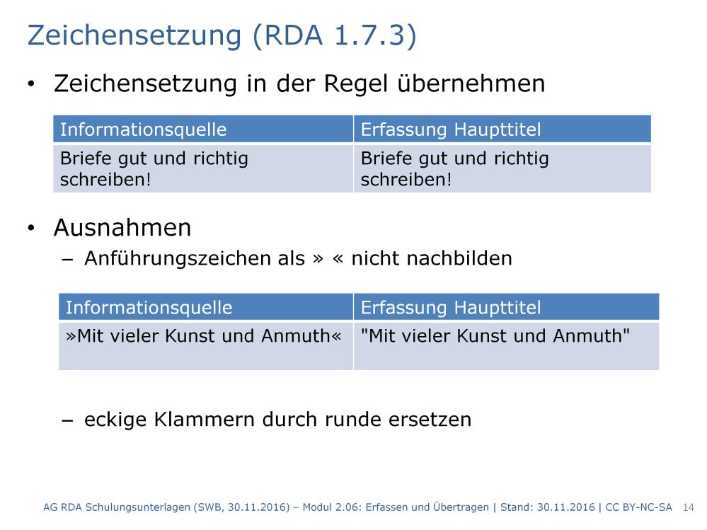 Zeichensetzung (RDA 1.7.3 D-A-CH, RDA D.1.2) Die Zeichensetzung wird in der Regel übertragen, wie sie in der Quelle erscheint. Beispiel s.