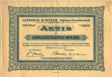 Im Fru hjahr 1922 nahm Normann das Angebot der Nachfolger von Leprince & Siveke an, in die Geschäftsfu hrung einzutreten und im gleichen Jahr wurden 5.000 Aktien zu je 1.000 Mark begeben.