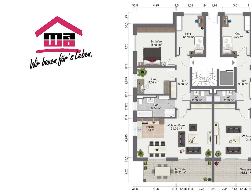 Whg. 8: 4 Zimmer im Erdgeschoss mit Gartenanteil Schlafen 8,06 Kind 1 12,79 Büro 11,32 Flur 9,36 Gäste-WC 2,73 Bad