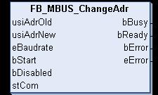 4.2.14.1 FB_MBUS_ChangeAdr Mit diesem Baustein kann die Primäradresse geändert werden. Der Baustein kann nur zusammen mit dem Baustein FB_MBUSKL6781() [} 17] ausgeführt werden.