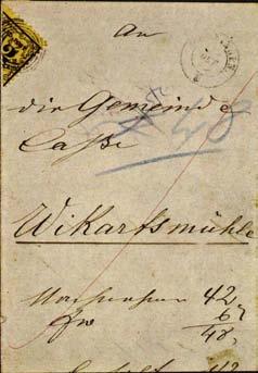 Absender : Aus Säckingen Ziel: Wickartsmühle/S. Marke : Mi. Nr. LP3xD untere Hälfte Datum : 1866.10.04. Stempel : Nr. 121 schwarz, Nebenstempel Typ 5 schwarz. Tarif : 3 Kr. Porto + Provision 3 Kr.