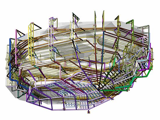 Stahlkonstruktion der Inneren Schale des Grossen Konzertsaals «Topf im Topf-System» Ermöglicht wird dies durch ein «Topf im Topf-System», bei welchem zwei unabhängige Schalen ausgebildet wurden.