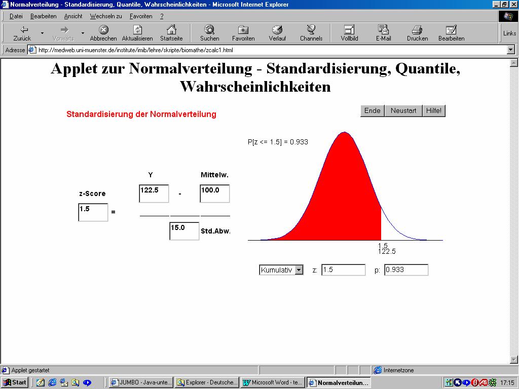 Evaluation von interaktiver Statistik-Lernsoftware im WWW 80 Normalverteilung Standardisierung, Quantile und Wahrscheinlichkeiten Abbildung 25: Applet: Normalvert.