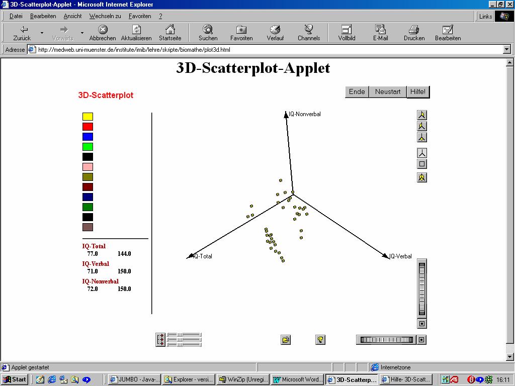 Evaluation von interaktiver Statistik-Lernsoftware im WWW 83 3D-Scatterplot Buttons zum Anzeigen der zwei-dim. Plots bzw.
