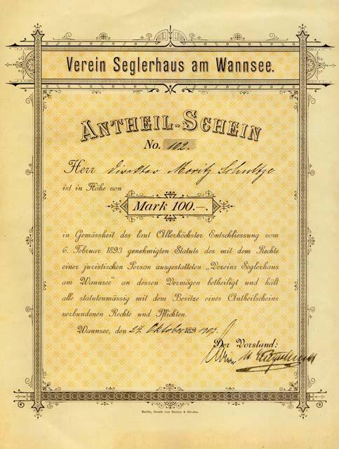 Und noch eine Erinnerung an alte Zeiten Damals hier 1907 wurde die Mitgliedschaft im Verein mit dem Ankauf solcher Anteilsscheine begründet. Auszug aus dem Statut des Vereins Seglerhaus am Wannsee 1.