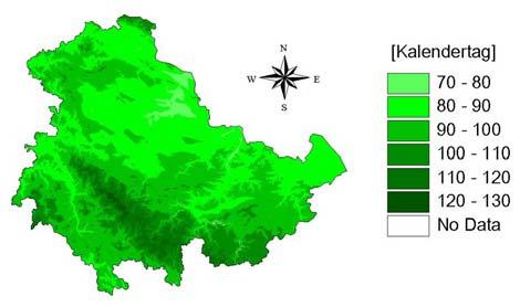 Für Thüringen wurden die Vegetationsperioden in Abhängigkeit der Höhe betrachtet. Dafür wurden die Daten des Zeitraums von 1971 bis verwendet.
