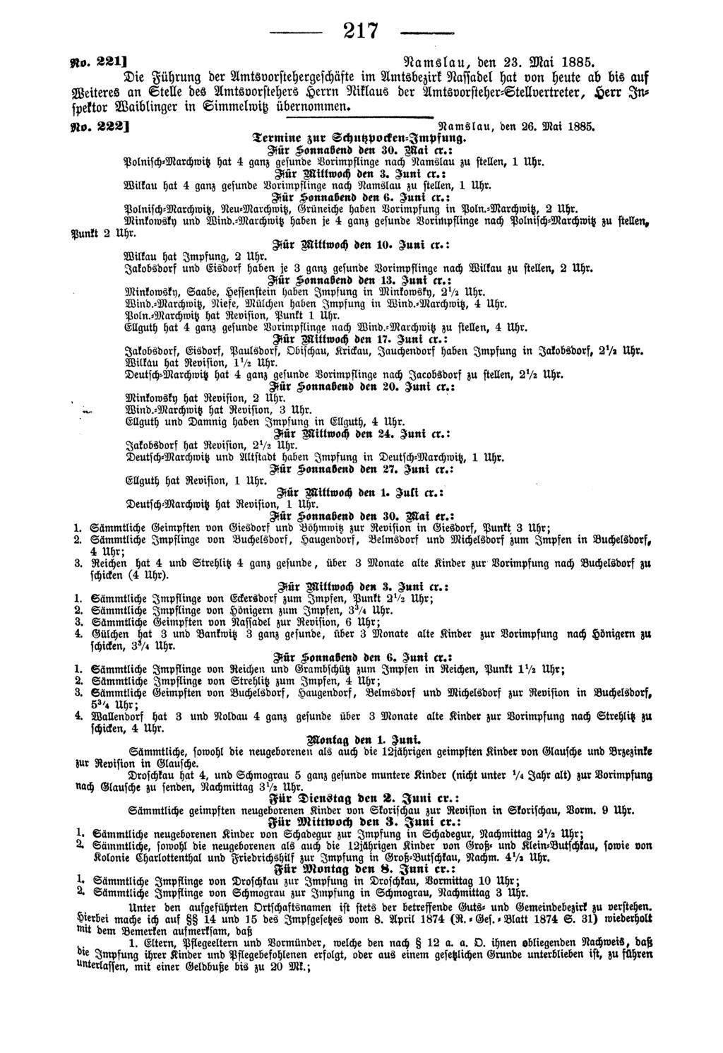 217 No. 22l], Name-lau, den 23. Mai 1885.