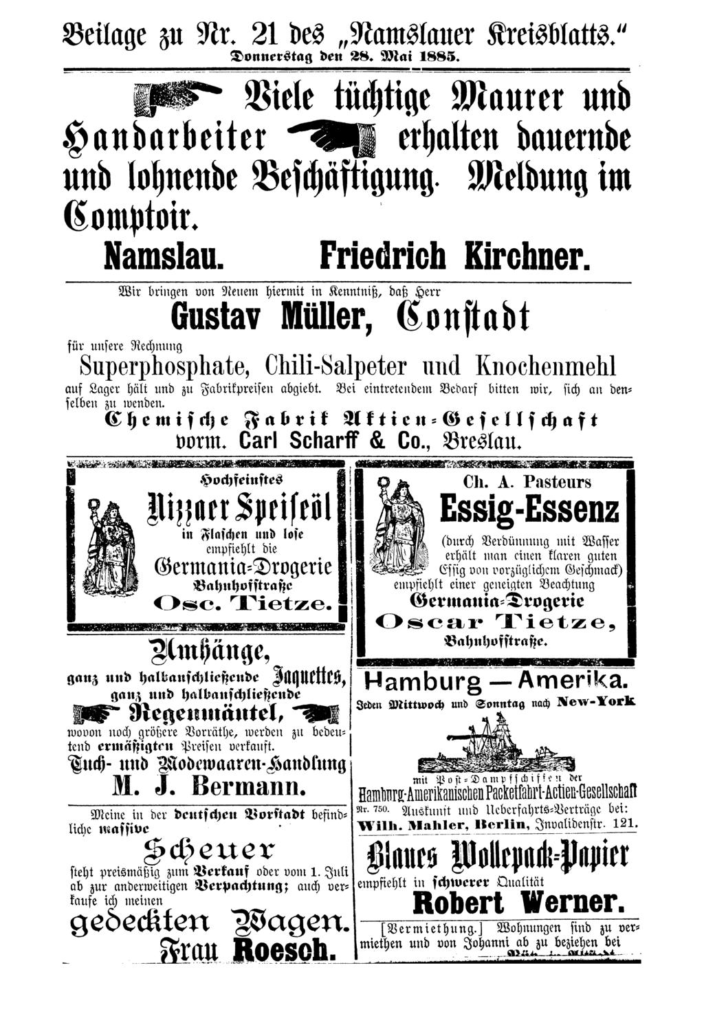 Beilage zu Nr. 21 des»staumauer Kreisblatts.«Donnerstag den 28. Mai 1885. Viele tüchtige Maurer und., éé..z. _.&#39;-.-;.._.-_. v Ü: "J-».»» ql. -..,7s-;vJHP««-T«Z-««1" VI» f J}._._I I K: H n a b s«.