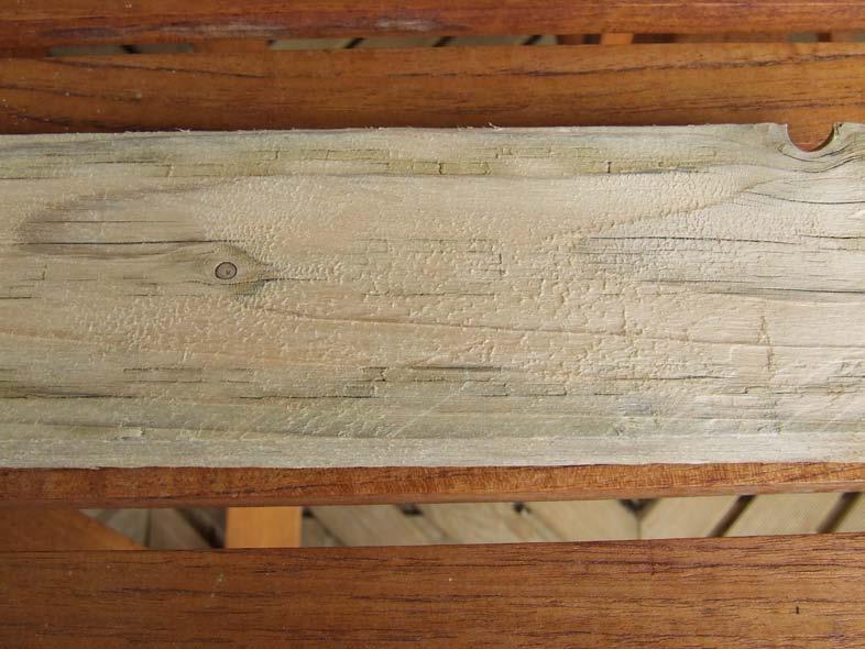 In der Nahaufnahme erkennt man, dass sich die Holzfasern durch die intensive Wasserbehandlung aufgerichtet haben. Das Laugen und Wässern hat die Holzporen geöffnet.