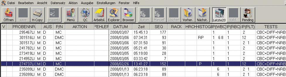 Aufrufen des Leukozytenergebnisses aus dem DIFF-Kanal Die Probe muss dafür im Datenspeicher (Explorer) blau