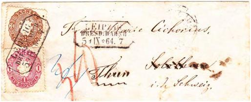 Brief aufgegeben am 5/IX*64.7 im Postamt Leipzig Dresdener Bahnhof, adressiert an Frau Marie Cichorius Solothurn i. d. Schweiz, Solothurn mehrfach durchgestrichen und umadressiert nach Thun.