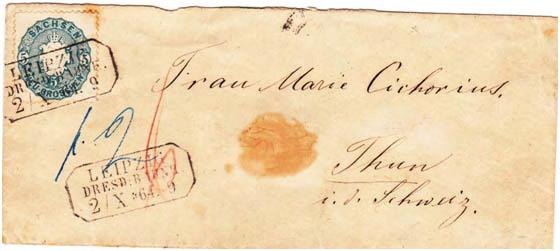 Der Brief wurde mit 10 Rappen in roter Farbe nachtaxiert.über Baden gelaufen, Weiterfranco 1 Ngr. resp. 3 Kreuzer, Weiterleitung nach Thun erforderte ab Grenztaxpunkt 6 Kr.