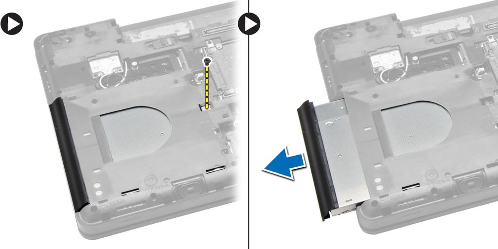 3. Führen Sie folgende Schritte durch: a. Entfernen Sie die Schraube, mit der das optische Laufwerk am Computer be