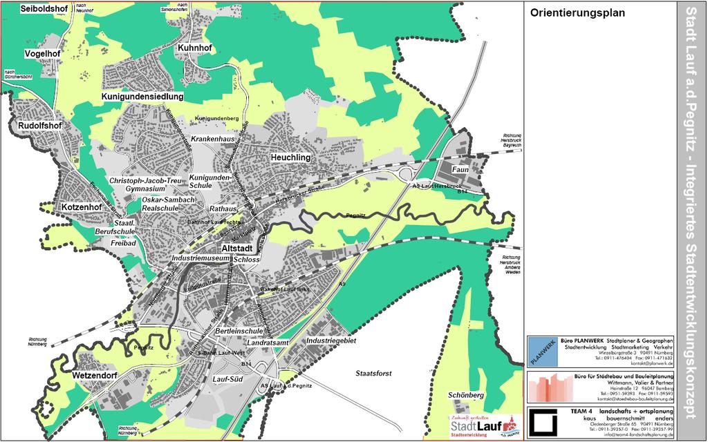 Die wichtigsten Grundlagendaten für das Laufer Stadtgebiet sind folgende: Das Stadtgebiet umfasst 59,4 km², wovon 43,3 km² (72,9%) auf den Bereich der Ortsteile (Nord und Süd) entfallen.