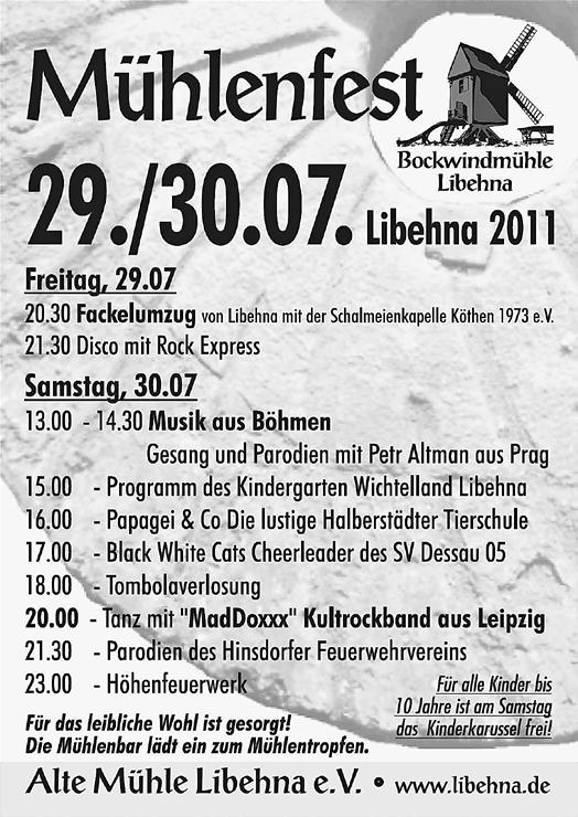 Seite 7, Nr. 15/2011 Heimat- und Kulturverein e. V. Wörbzig Einladung zum 2. Kinderund Heimatfest in Wörbzig am 06.08. und 07.08.2011 in der neuen Schule Samstag, d. 06.08.2011 15.