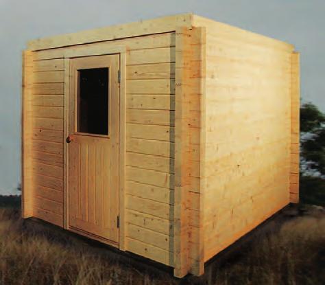Holzblockbohlenwände / Holzdach / 3 Holzsitzbänke / Saunaofen mit Außensteuerung /