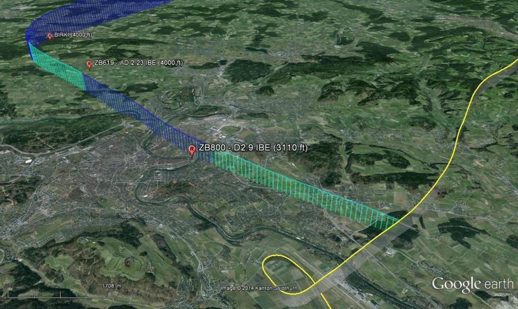 Diesem Szenario liegen folgende Annahmen punkto Fluggeschwindigkeiten zugrunde: Wegpunkte auf Flugweg IAS [kt] Flugwegabschnitte Startpunkt um 12:53:39 UTC 254 Reduktion IAS um Querab BIRKI 180 0.