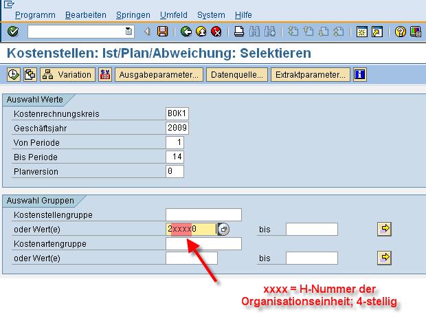 Kostenstelle oder Kostenstellengruppe eingeben