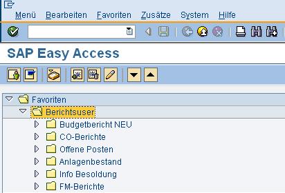 Übersicht Der Berichtsuser ist als eigener Ordner im SAP-Benutzermenü angelegt und hat folgenden Inhalt: Budgetbericht Rascher Überblick über die Budgetsituation einer Organisationseinheit, zeigt