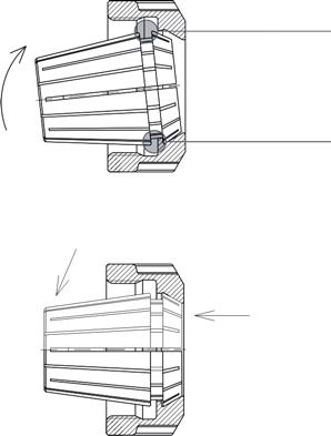 Note: Only mount nuts with correctly inserted collets! Never place the collet into the holder without first assembling it into the nut. Never clamp oversize tool shanks! e.g. never use a Ø 12 11 mm collet to clamp a Ø 12.