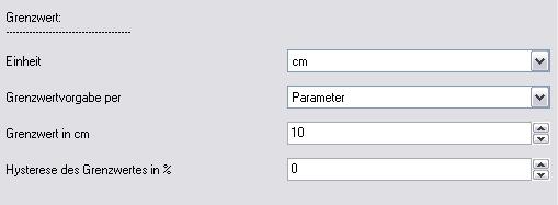 Wenn Grenzwertvorgabe per Parameter gewählt wurde: Grenzwert in Liter Grenzwert in m³ Grenzwert in % Grenzwert in cm Hysterese des Grenzwertes in