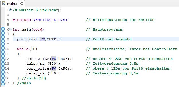 Computertechnik J Mikrocontroller.5 Programm eingeben Doppelkick auf main.c des aktiven Projekts.