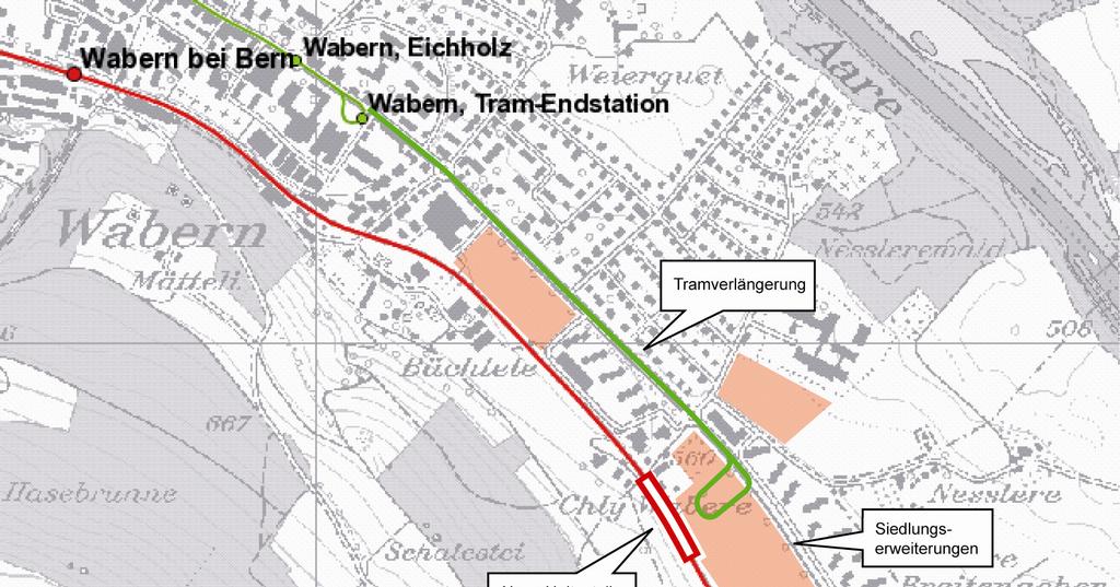 Abbildung 8-6: Lage der neuen Haltestelle Kleinwabern Bezüglich der Anschlüsse in Thun gilt es sicherzustellen, dass auch nach der Inbetriebnahme der Entflechtung Wylerfeld mit einer früheren Ankunft