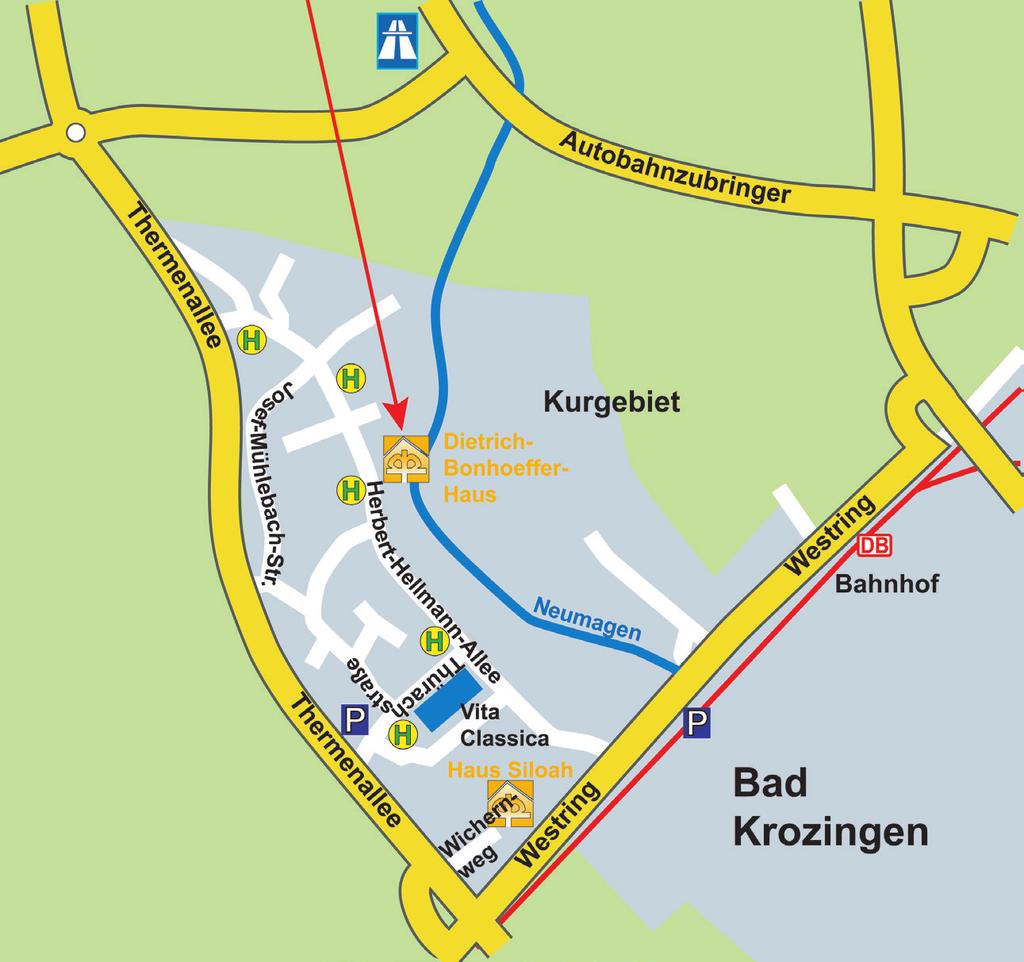 Lageplan Erreichbarkeit mit dem öffentlichen Nahverkehr Vom Bahnhof aus (Ostseite) mit dem City-Kurbus bis zur Haltestelle Dietrich-Bonhoeffer-Haus.