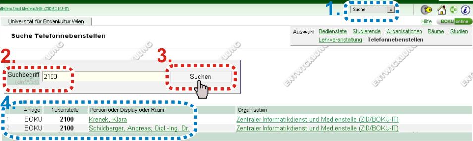 3.2 Suche nach Telefonnebenstellen 3.2.1 Suchergebnis Anzeige aller Personen zur jeweiligen Nebenstelle Abbildung 13: Suchergebnis Telefonnebenstelle mit mehreren Personenzuordnungen 1.