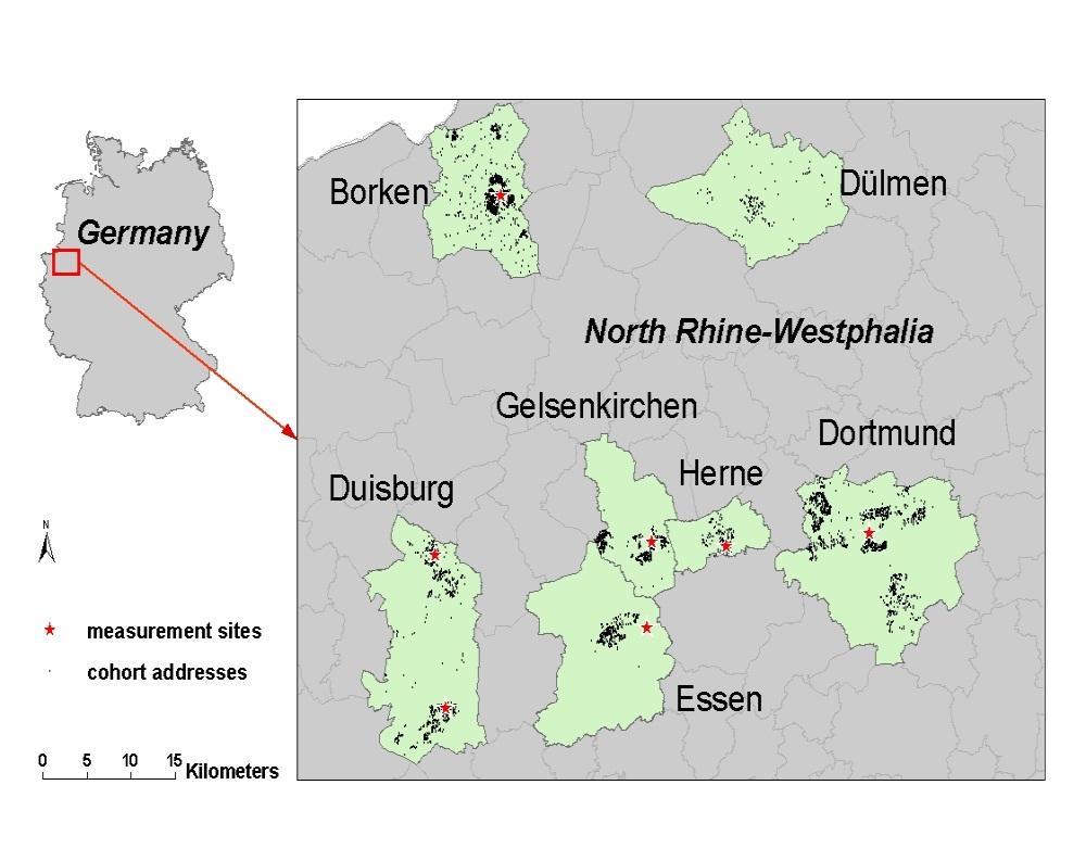 Feinstaubkohortenstudie Frauen in NRW Untersuchungszeitraum 18 Jahre (bis 2008) sieben Orte in Nordrhein-Westfalen Sterblichkeit von fast 5000 Frauen der Jahrgänge 1929 bis 1942