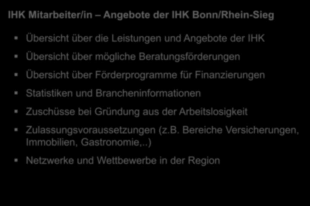 3. Arbeitsgruppe I 34 IHK Mitarbeiter/in Angebote der IHK Bonn/Rhein-Sieg Übersicht über die Leistungen und Angebote der IHK Übersicht über mögliche Beratungsförderungen Übersicht über
