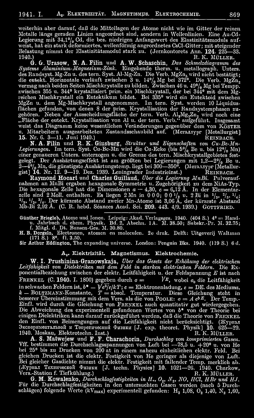 (Jernkontorets Ann. 124. 225 33. 1940.) R. K. M ü l l e r. G. Gr. Urasow, N. A. Filin und A. W. Schaschin, Das Schmelzdiagramm des Systems Aluminium-Magnesium-Zink. Eingehende therm. u. metallograph.
