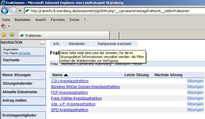 Ratsinformationssystems. Zusätzlich gibt es auf jeder Seite den Menüpunkt Info.