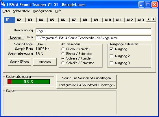 PC-Software USM-A Sound-Teacher Mir unserer Software USM-A Sound-Teacher kann das Soundmodul konfiguriert und die Sounddaten auf das Soundmodul übertragen werden.