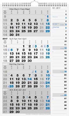 4-sprachig (D/GB/F/I) Mit rechtsbundigem Streifenkalender des aktuellen Monats, mit rotem Datumsschieber 3-Monats-Wandkalender