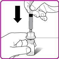 F). 10. Drücken Sie den Kolben herunter, um langsam das komplette Lösungsmittel von der Spritze in die Durchstechflasche mit OBIZUR-Pulver zu überführen. 11.