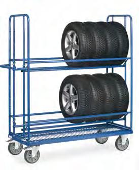 Geeignet für Reifen von 450 bis 750 Ø. Bis zu 8 Reifen oder Räder möglich. Reifenwagen Stahlrohr-Konstruktion, verschraubt, pulverbeschichtet blau RAL 5007.