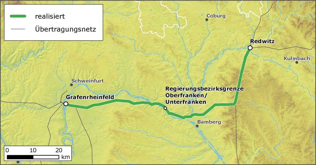 21 Vorhaben 10 Redwitz Grafenrheinfeld Mit der Umrüstung einer 220-kV-Bestandsleitung auf 380 kv wird zusammen mit dem EnLAG- Vorhaben 4 die Südwestkuppelleitung komplettiert.