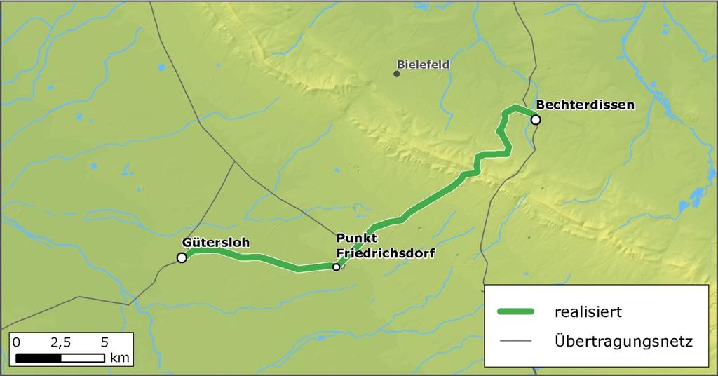 33 Vorhaben 17 Gütersloh Bechterdissen Mit dem EnLAG-Vorhaben 17 von Gütersloh nach Bechterdissen (Nähe Bielefeld) soll die Übertragungskapazität zwischen den Übertragungsnetzen von TenneT und