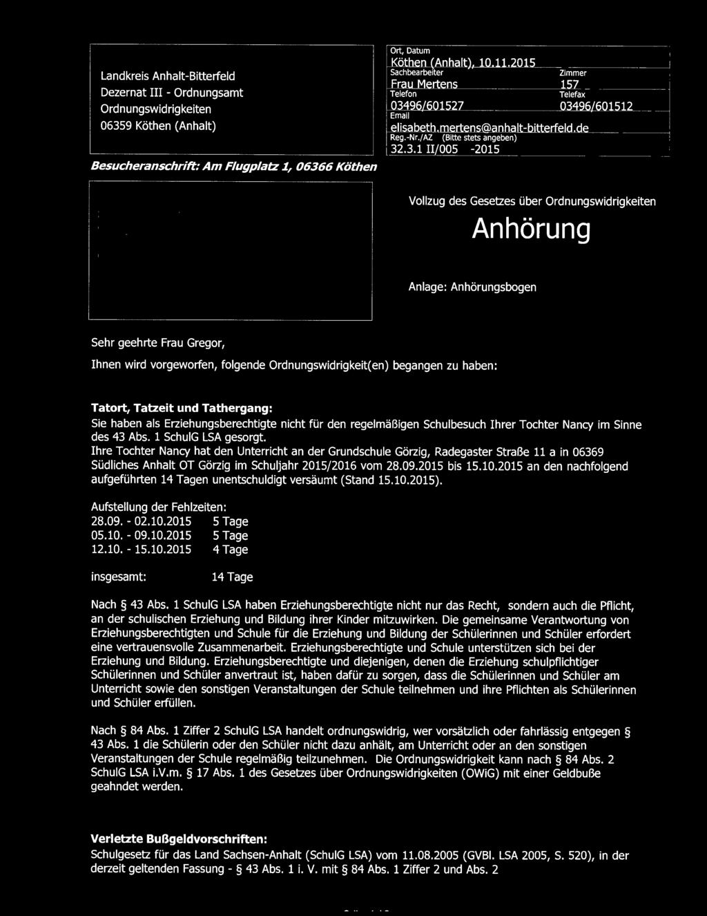 Landkreis Anhalt-Bitterfeld Dezernat III - Ordnungsamt Ordnungswidrigkeiten 0635