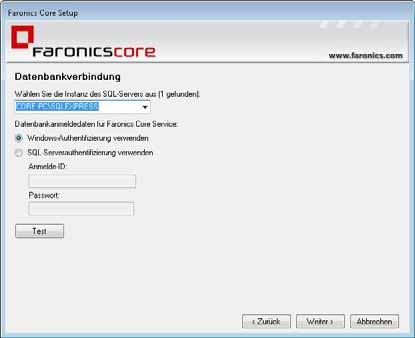 30 Faronics Core über das Faronics Core Setup konfigurieren Wählen Sie nach Bedarf Windows-Authentifizierung verwenden oder SQL Server-Authentifizierung verwenden aus.