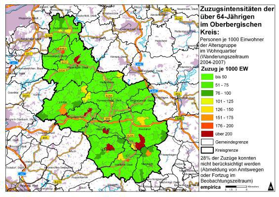 Karte 5: Zuzugsintensität von Senioren (über 64-Jährige) Die Karten 6 und 7 die Herkunftsgebiete der Zuzüge und die Zielgebiete der Fortzüge über die Kreisgrenzen an.