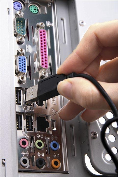Drucker, Lautsprecher und andere Geräte anschließen > > Die meisten Drucker werden mittels USB-Kabel mit dem Computer verbunden.