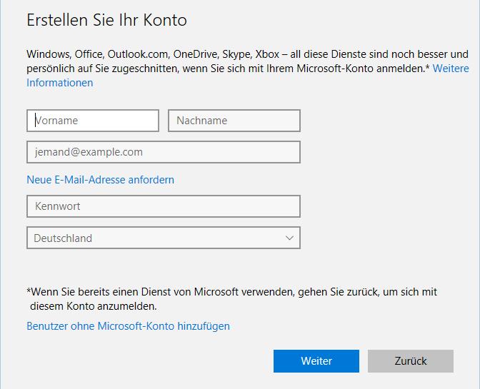Die nächsten Schritte unterscheiden sich nun je nachdem, ob Sie bereits über eine bei Microsoft registrierte E-Mail-Adresse verfügen oder diese erst neu anlegen müssen.