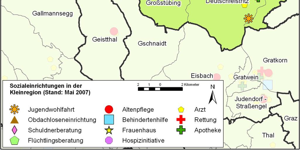 5: Sozialinfrastruktur in der Kleinregion (GIS Steiermark, 2007) Einrichtung Anzahl PLZ Ort Altenpflege - - - Arzt (für Allgemeinmedizin und Fachärzte) 11 8121, 8120, 8124 Deutschfeistritz (9),