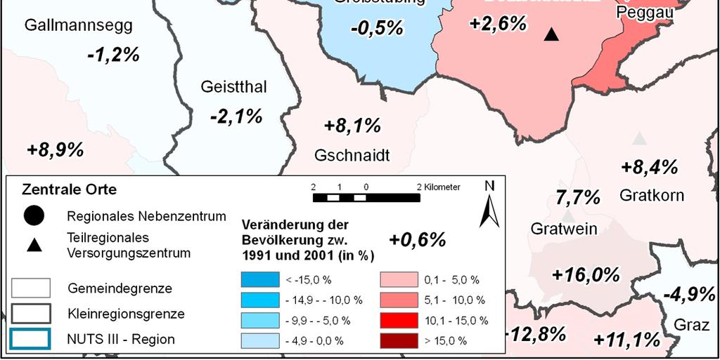 Zuwächse in der Bevölkerung gab es in Deutschfeitritz (2,6%) und Peggau (5,2%). Abnahmen gab es hingegen in den Gemeinden (-1,7%) und Großstübing (-0,5%).