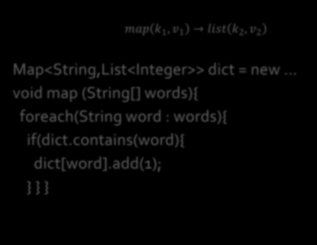 MapReduce Formal map map k 1, v 1 list k 2, v 2 Map<String,List<Integer>> dict = new void map