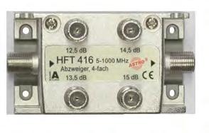 Abzweiger 4FACH, 6FACH UND 8FACH ABZWEIGER HFT 416 HFT 618 HFT 820 z hochwertige Abzweiger für terrestrische Frequenzen bis 1000 MHz z Trennkondensatoren an Ein und Ausgängen z erfüllen: EN 500831,